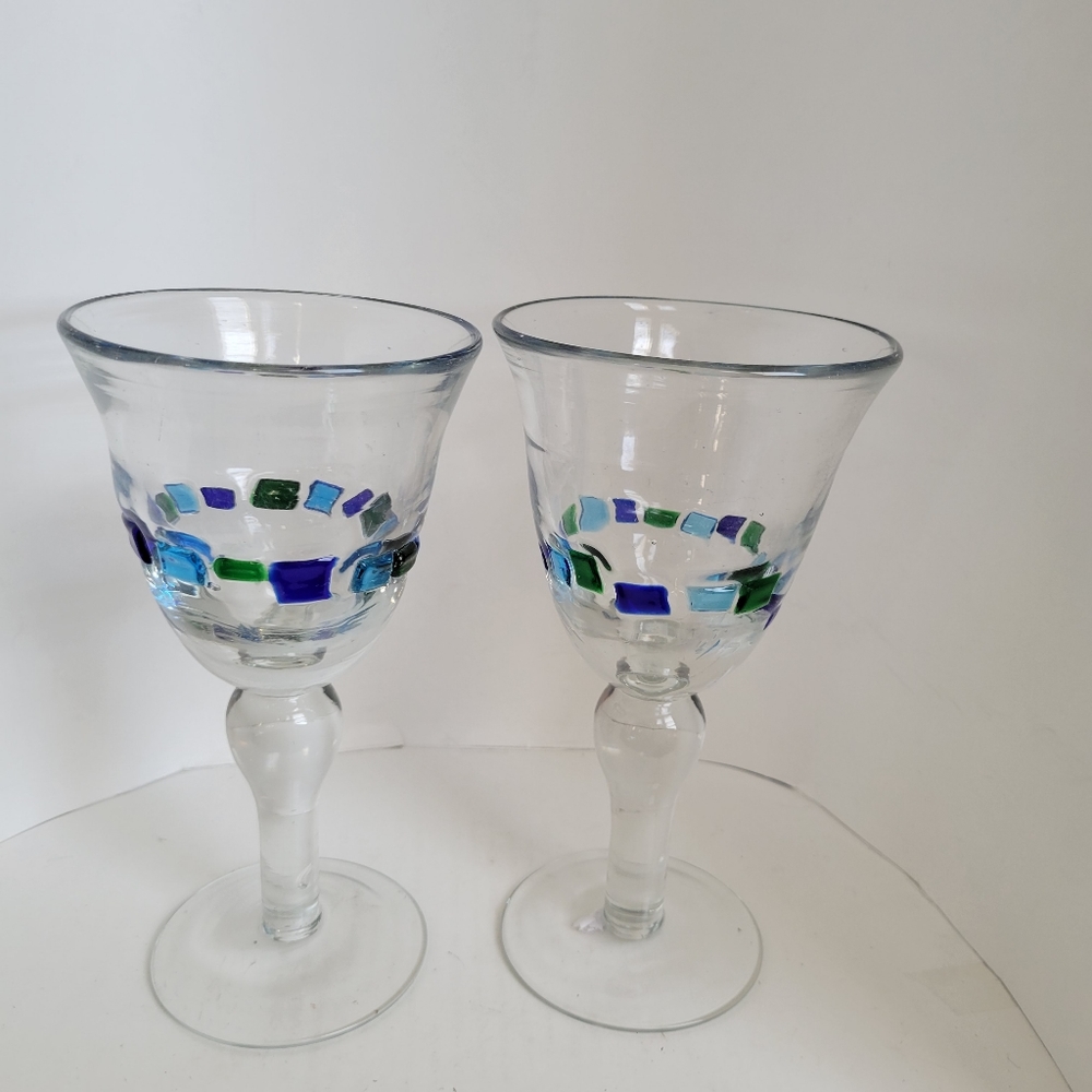 Mexican Hand Blown Art Glass Stemware Goblets Barware Blue Green Tile